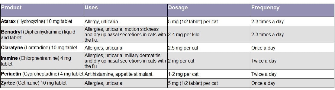 Antihistamine dosage chart for cats